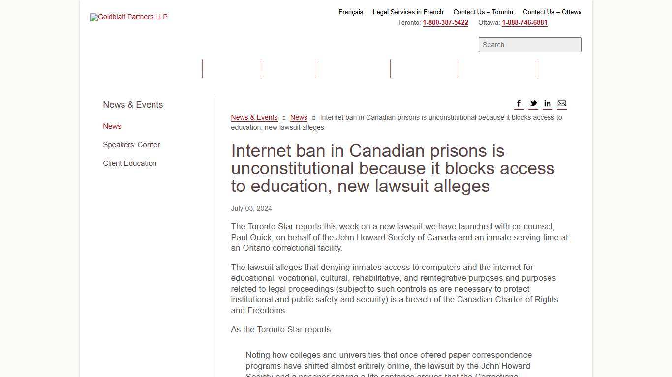 Internet ban in Canadian prisons is unconstitutional because it blocks access to education, new lawsuit alleges Goldblatt Partners LLP